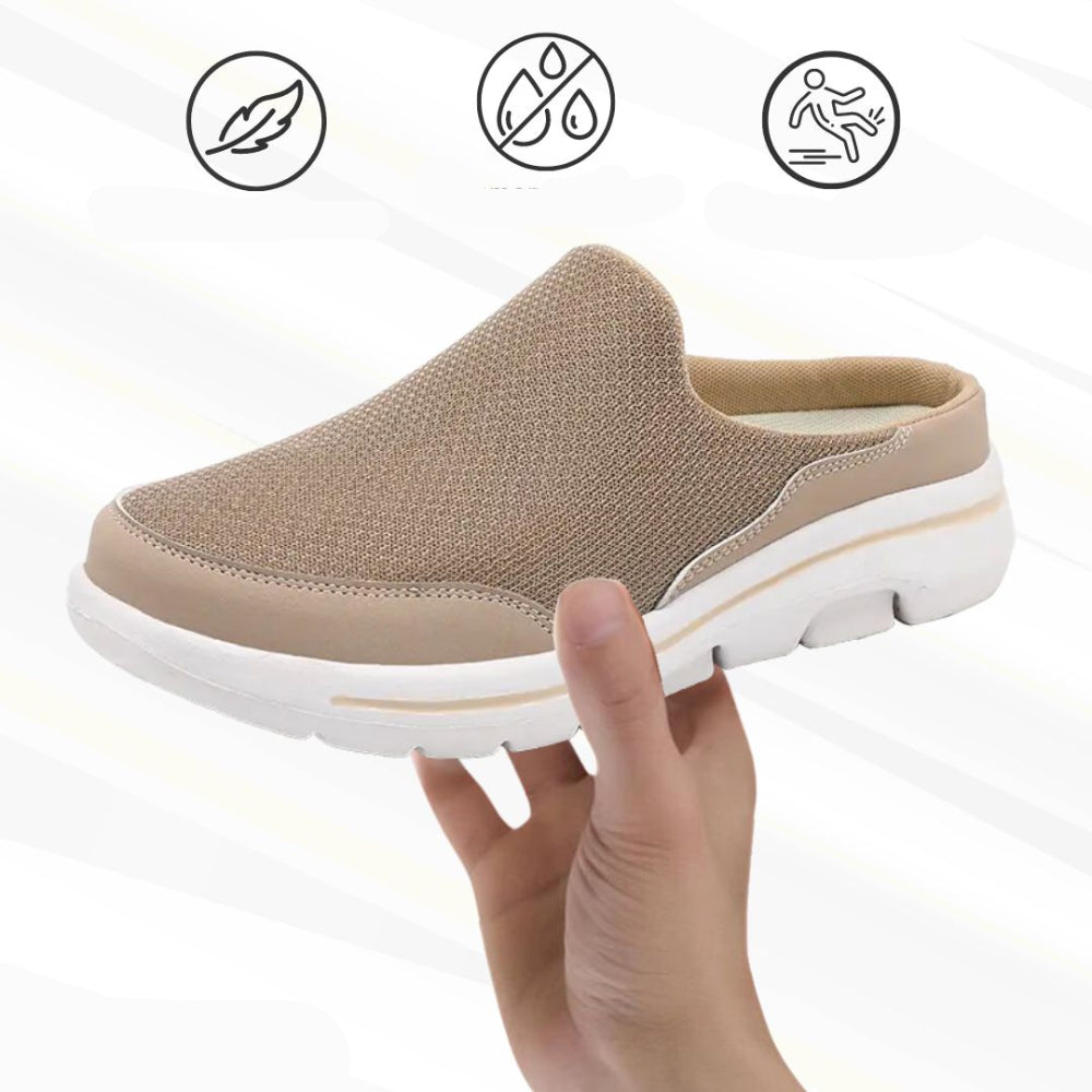 Orthofit 2.0 sport sandals in beige, shown with feature icons.