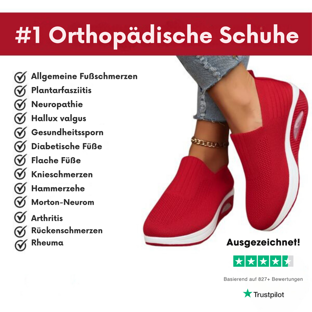 Red knit slip-on shoes shown beside a checklist of foot complaints and a customer star rating graphic.