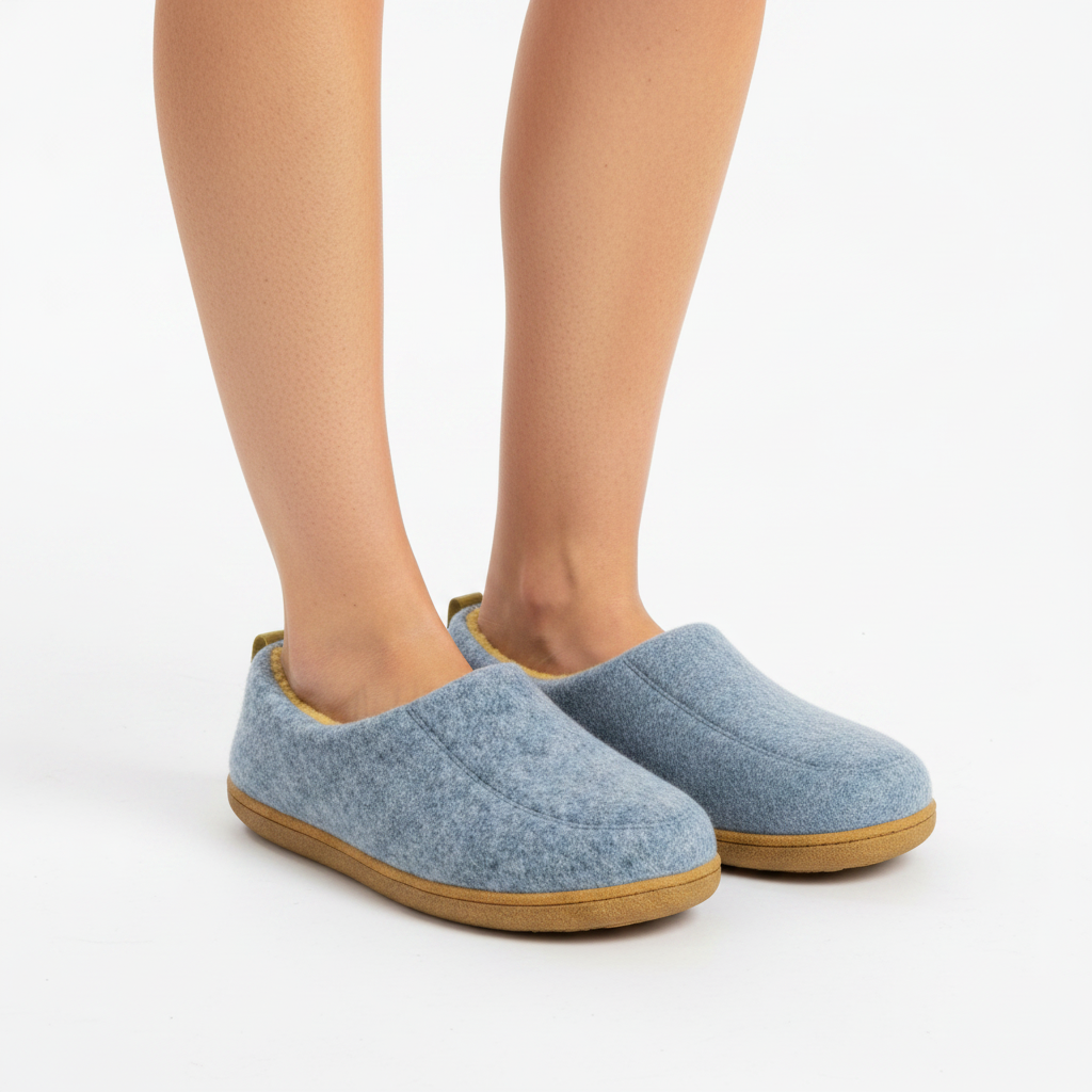 Woman's legs wearing light blue felt slip-on slippers with tan soles.