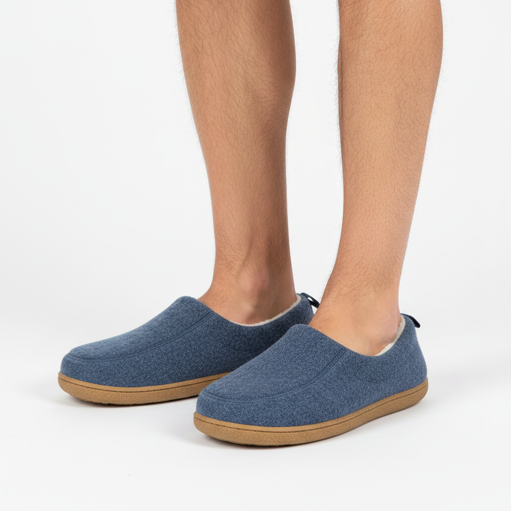 Man's legs wearing navy blue felt slippers with tan soles and a cream fleece collar.