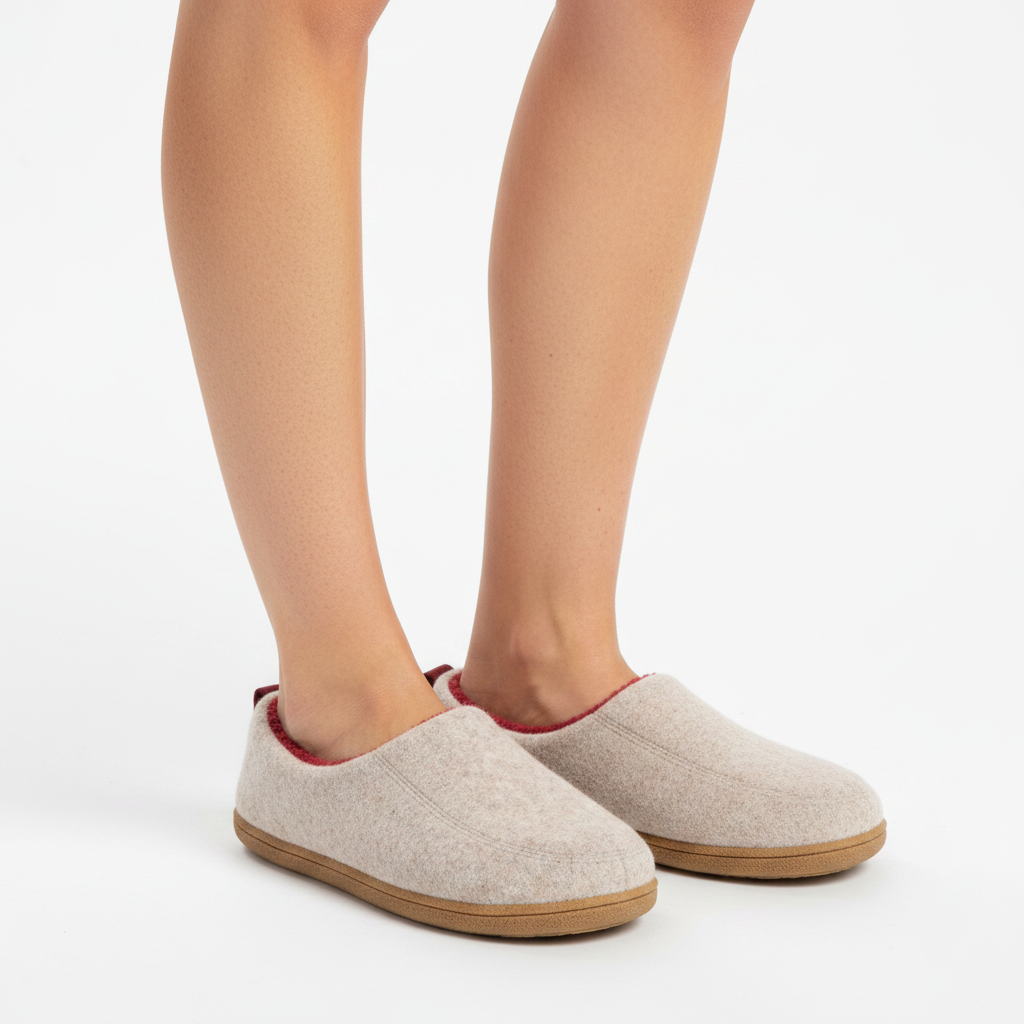 Woman's legs wearing beige felt slippers with a red fleece trim at the opening and tan soles.