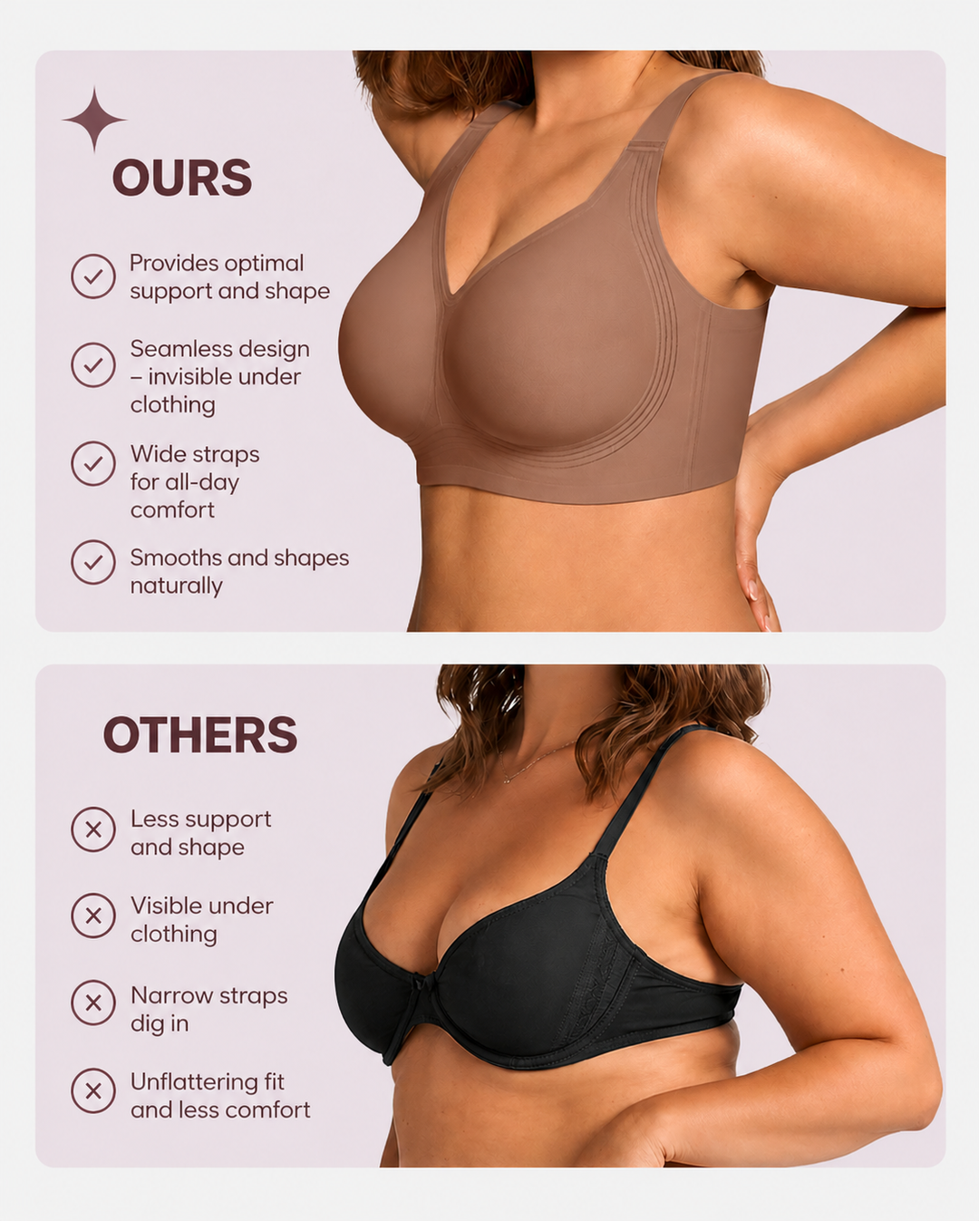 Comparison graphic of the seamless wide-strap bra in brown versus a black underwire bra with thin straps, listing benefits. 20