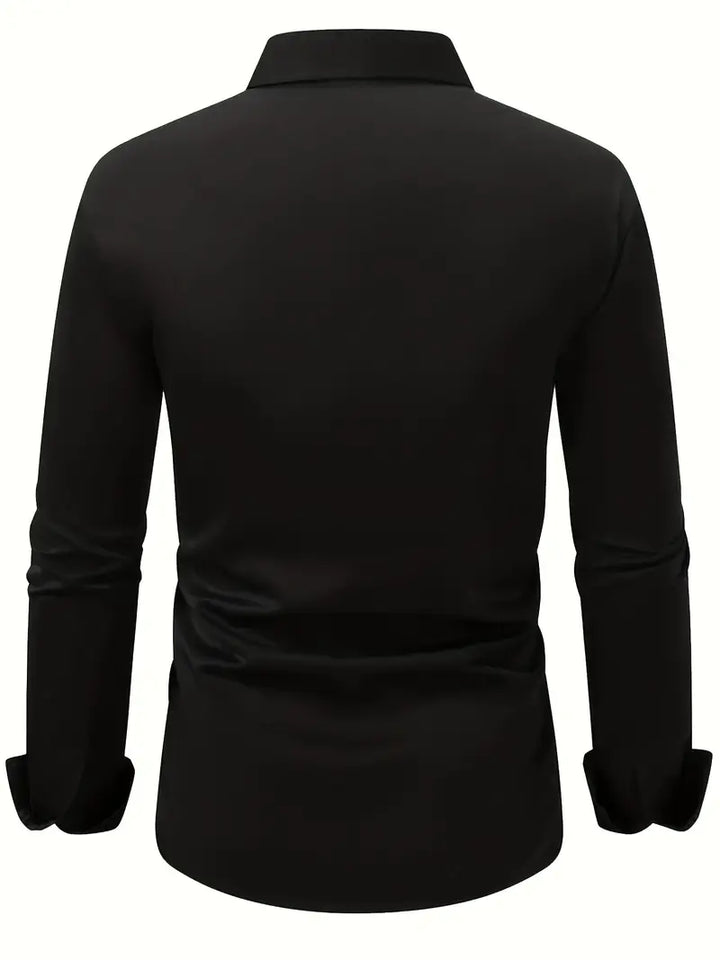 Men's Dress Shirt in black, back view laid flat
