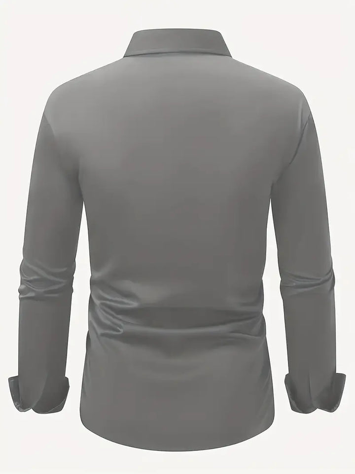 Men's Dress Shirt in medium gray, back view laid flat