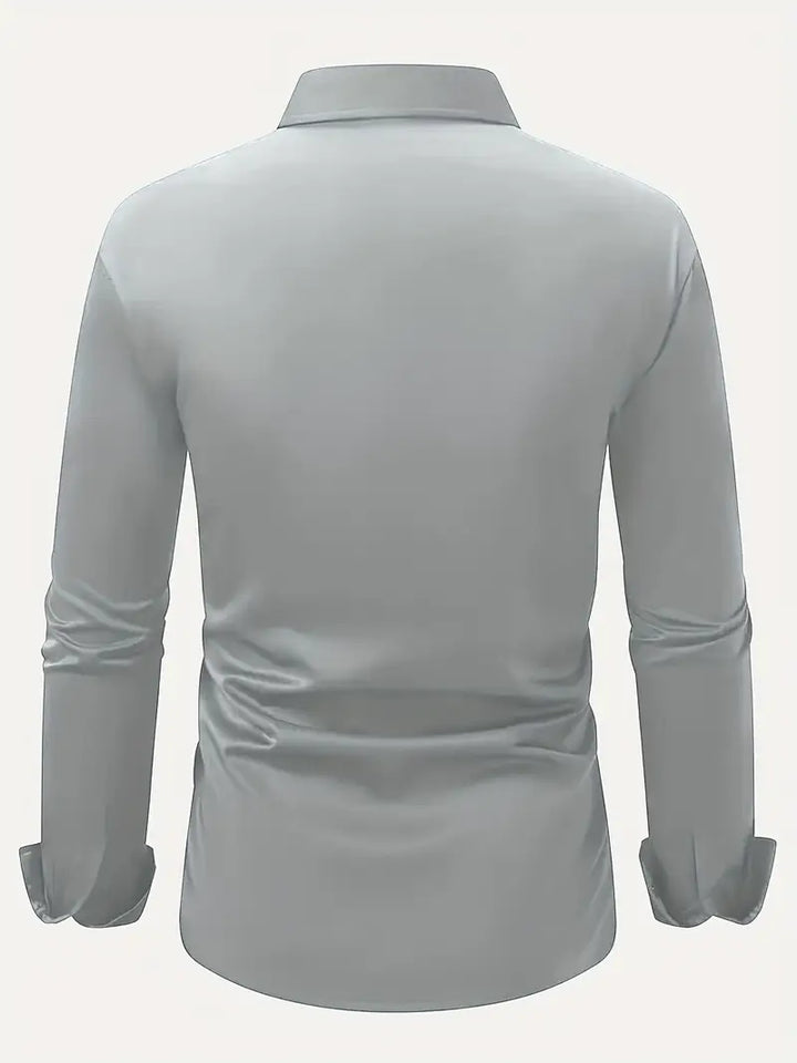 Men's Dress Shirt in light gray, back view laid flat