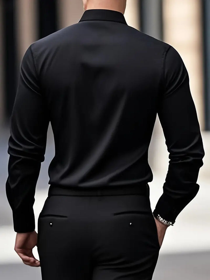 Men's Dress Shirt in black on a man walking, back view
