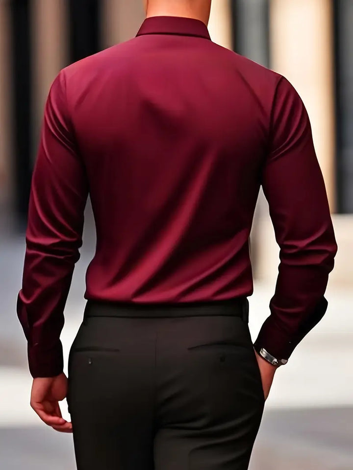 Men's Dress Shirt in burgundy on a man walking, back view