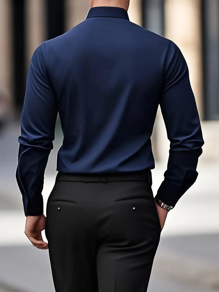 Men's Dress Shirt in navy blue on a man walking, back view