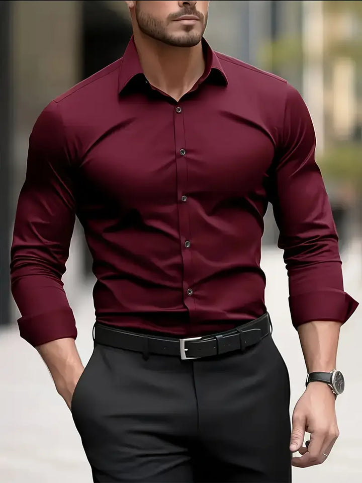 Men's Dress Shirt in burgundy on a man, front view
