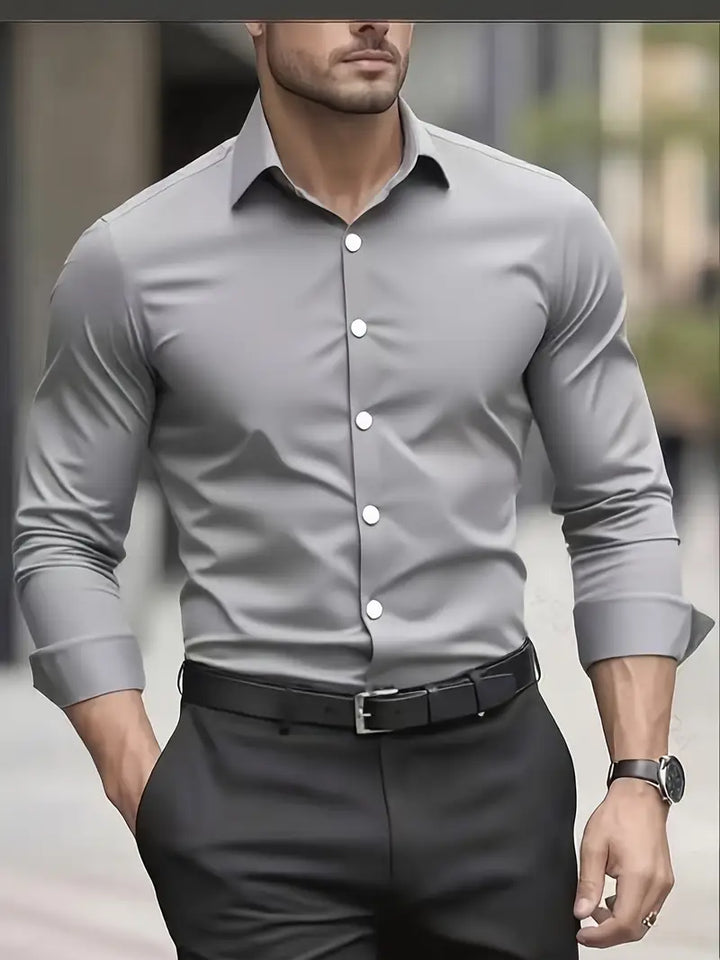 Men's Dress Shirt in light gray on a man, front view