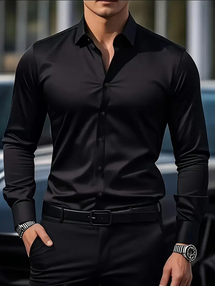 Men's Dress Shirt in all-black on a man, close front view