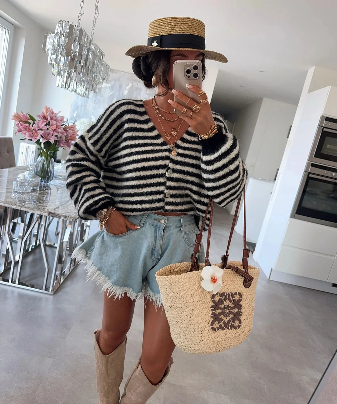 Oversized Striped V-Neck Women's Cardigan - Vicky