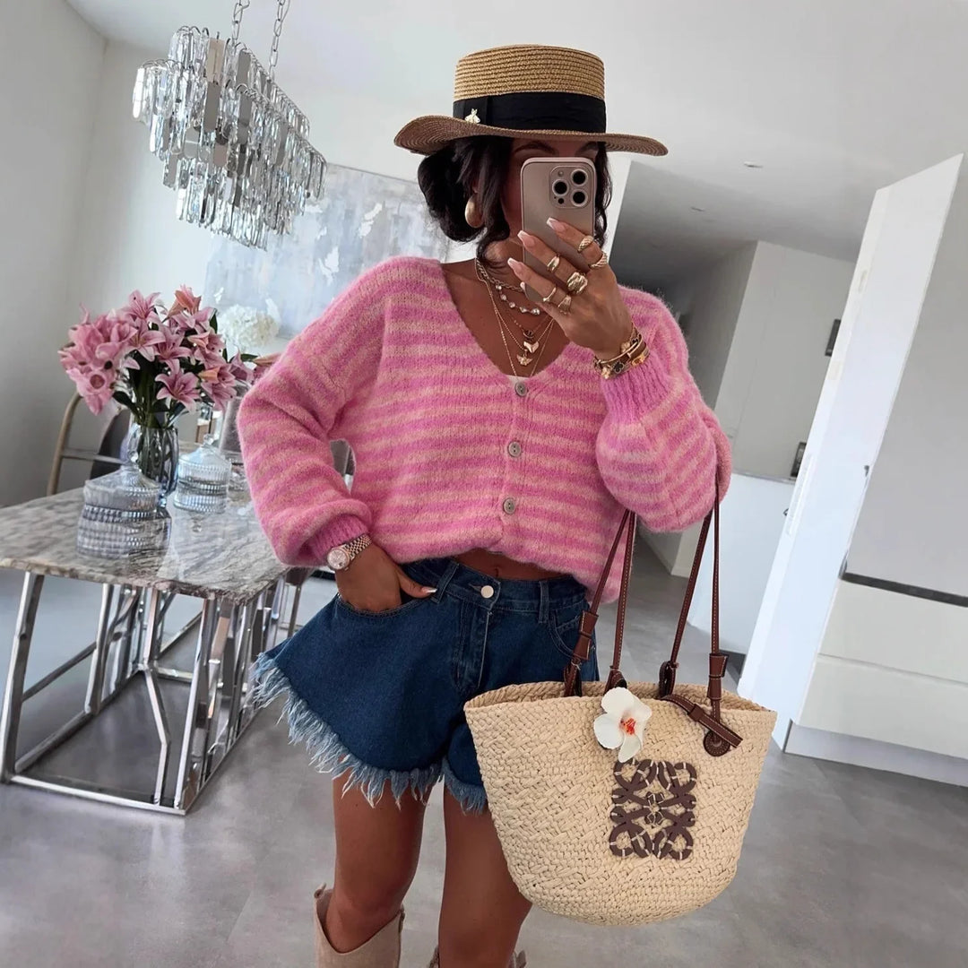 Oversized Striped V-Neck Women's Cardigan - Vicky
