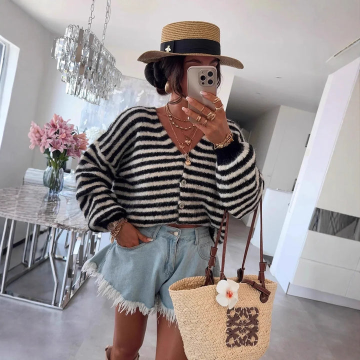 Oversized Striped V-Neck Women's Cardigan - Vicky