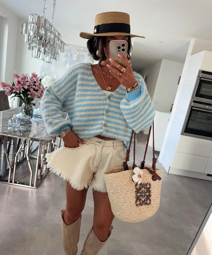 Oversized Striped V-Neck Women's Cardigan - Vicky