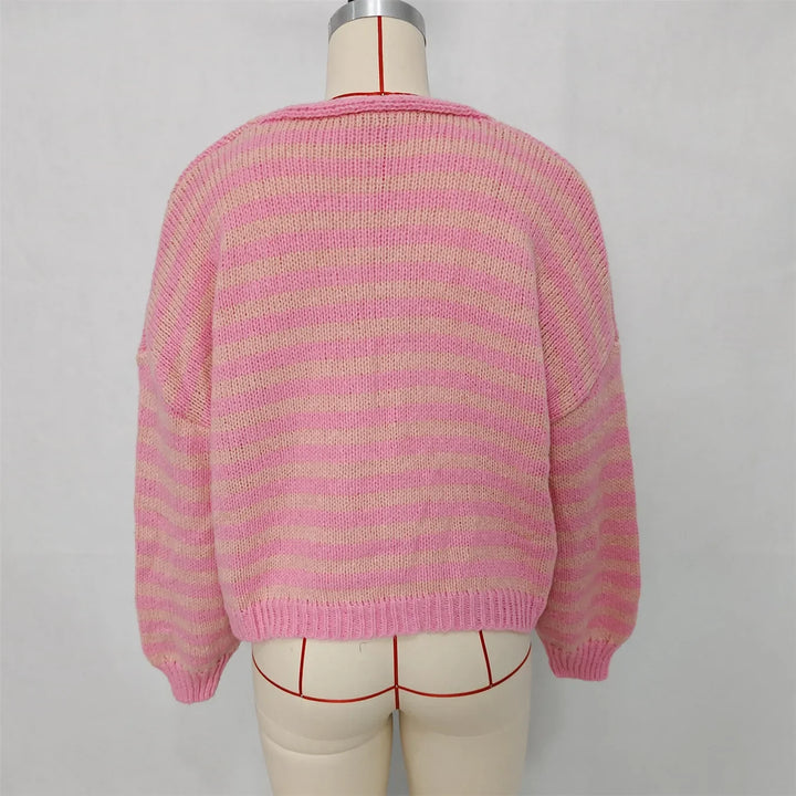 Oversized Striped V-Neck Women's Cardigan - Vicky