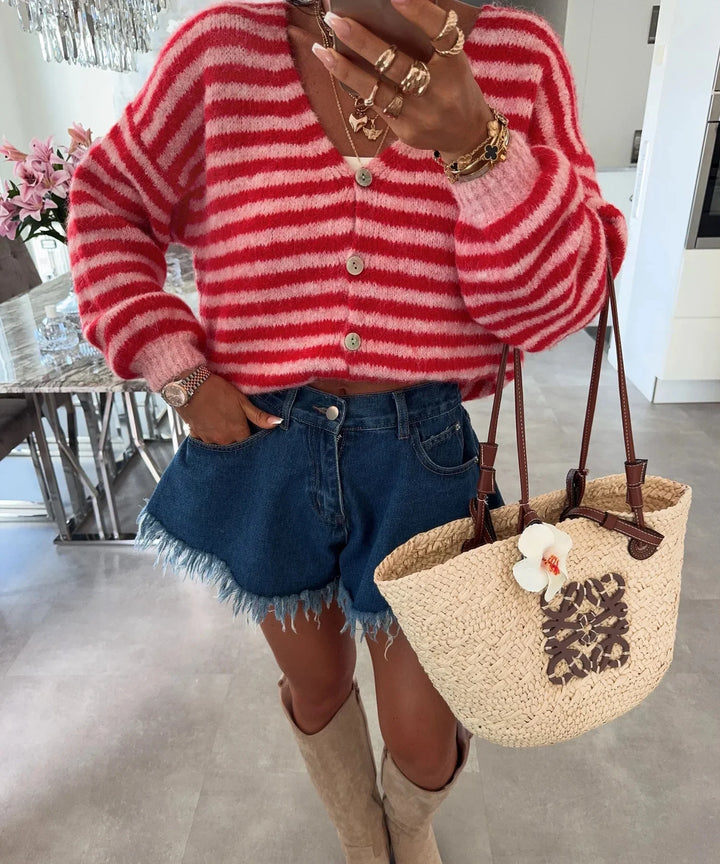 Oversized Striped V-Neck Women's Cardigan - Vicky