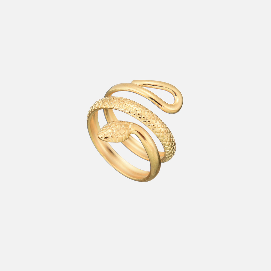 Gold-tone coiled snake ring seen from a three-quarter angle, showing the scaled body, the head, and the open teardrop-shaped end. 2