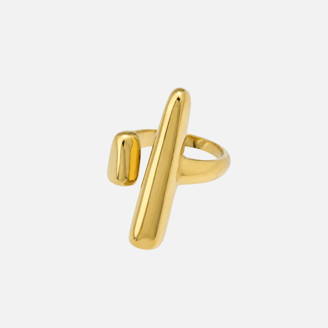 Axis adjustable sculptural gold ring with an open band and polished bar detail.