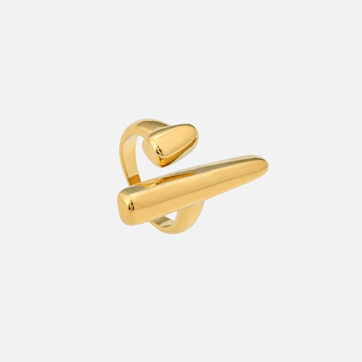 Axis adjustable sculptural gold ring, another view of the open band and polished bar detail.