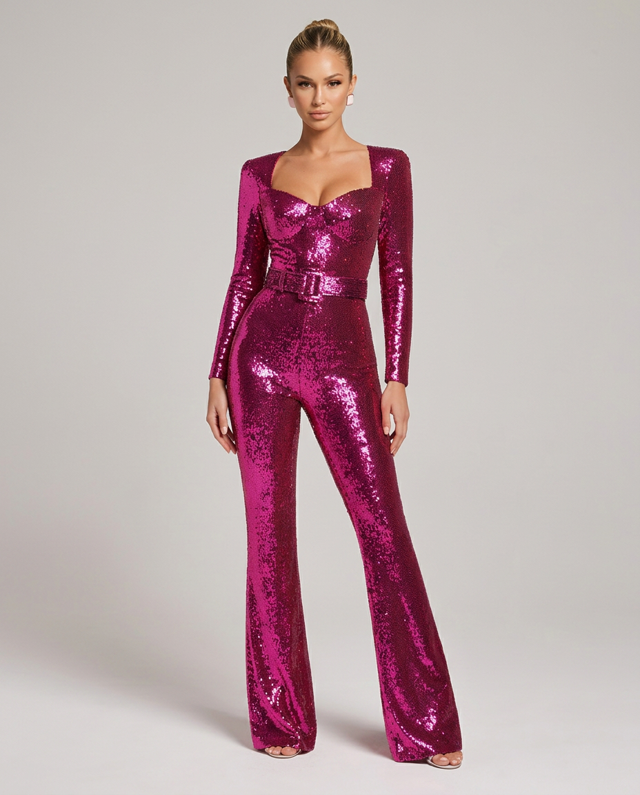 Model standing facing front in a magenta-pink sequin jumpsuit with sweetheart neckline, long sleeves, belted waist and flared legs. 1