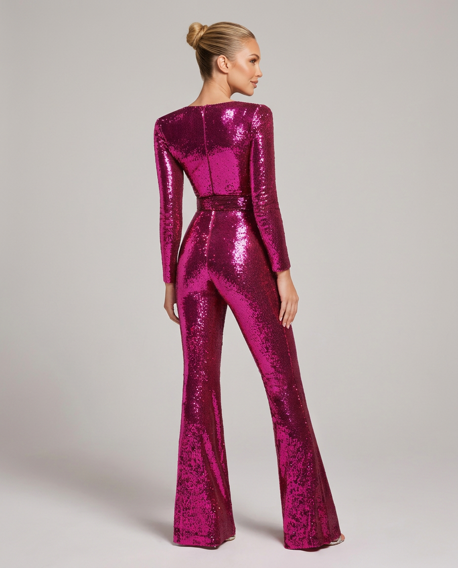 Back view of the magenta-pink sequin jumpsuit on a model, showing the center back seam, fitted waist and flared legs. 2