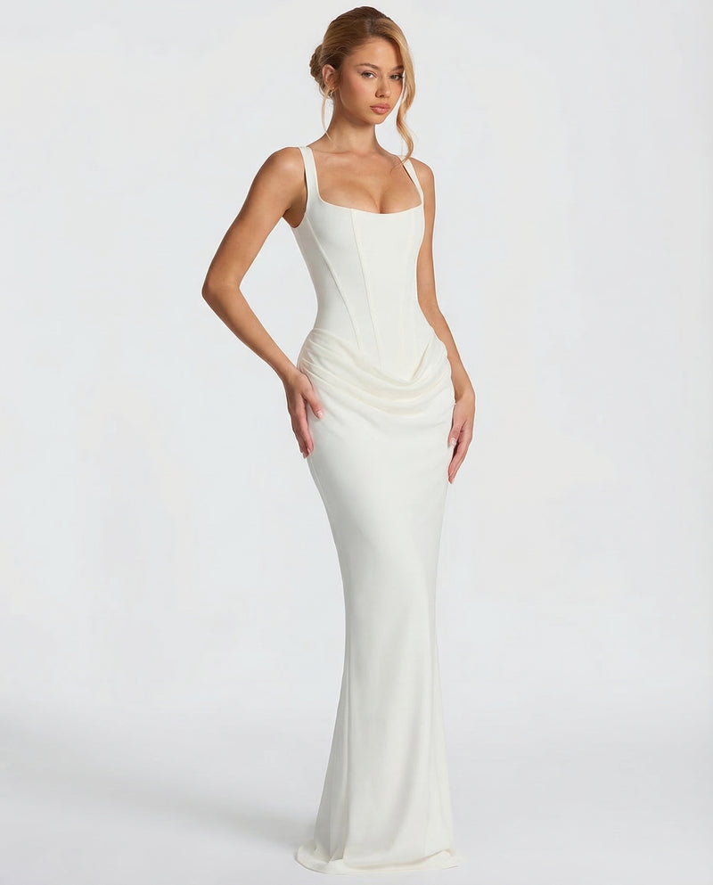 Ivory maxi dress another view with a sleek silhouette and floor-length skirt.