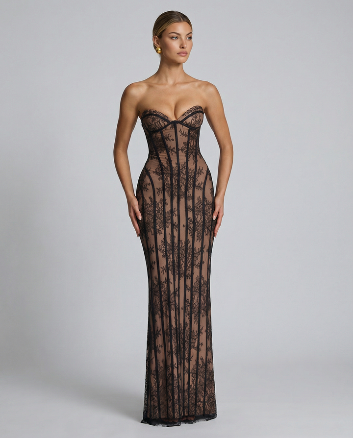 Front view of the black corset lace maxi dress on a model.