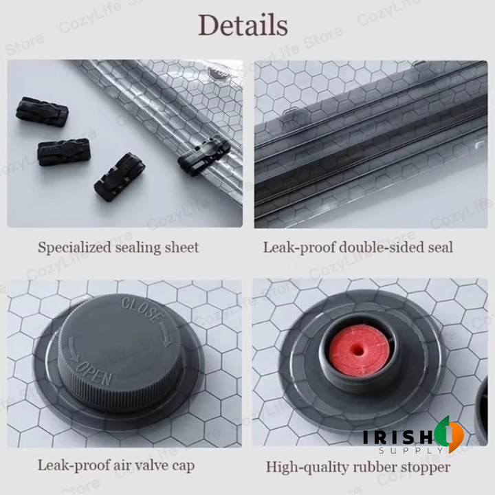 Compression bag detail showing the slider clips, seal track, air valve cap and stopper.
