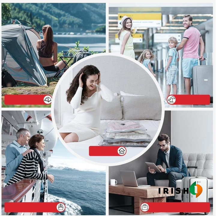 Travel use collage showing the compression bags in camping, airport, cruise ship and hotel scenes.