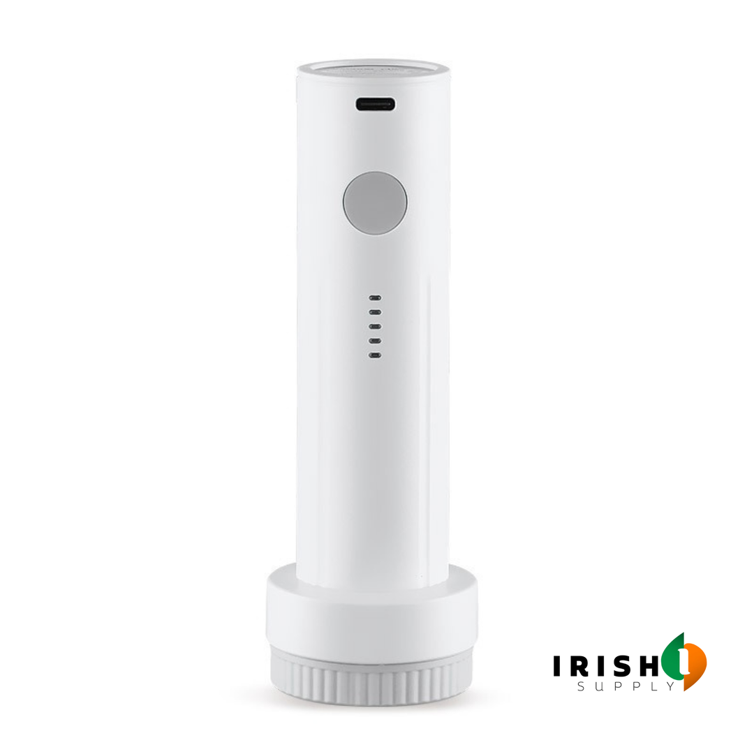 White cylindrical electric pump with USB-C charging port, switch button and LED indicator lights.