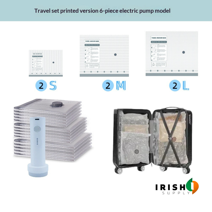 Six-piece set with compression bags, the pump and an open suitcase packed with compressed bags.