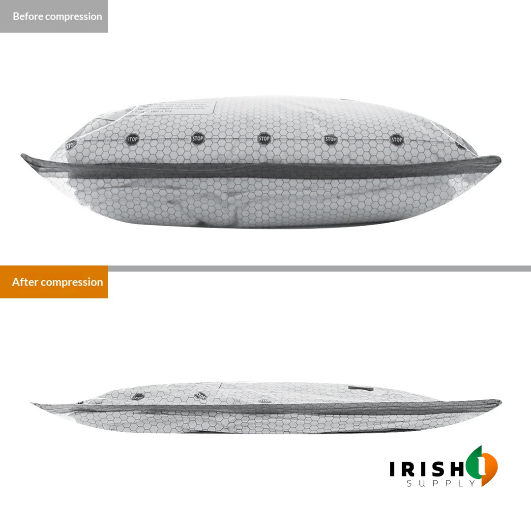 Compression bag before and after comparison showing a bulky bag flattened thin.