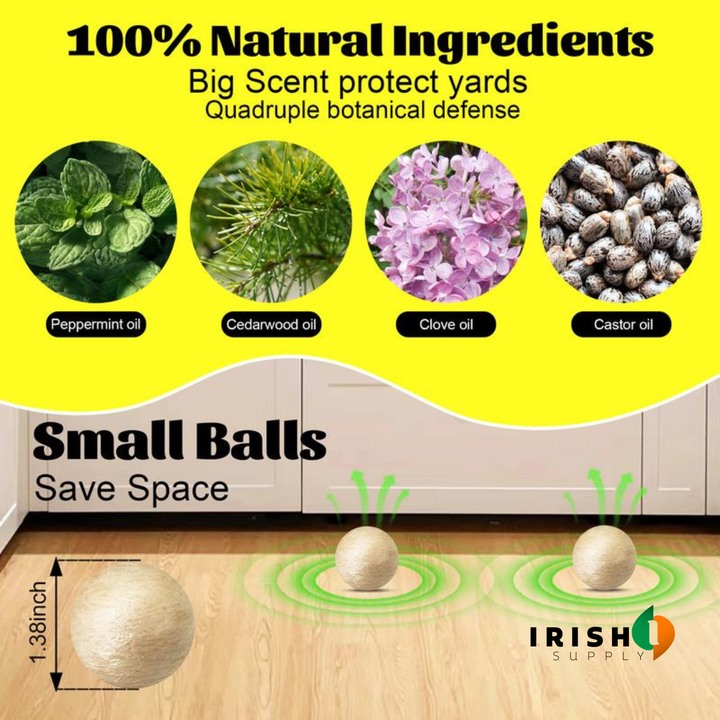 Infographic showing mint leaves, pine needles, lilac blossoms and castor seeds as the plant ingredients, plus a size diagram of one round ball.