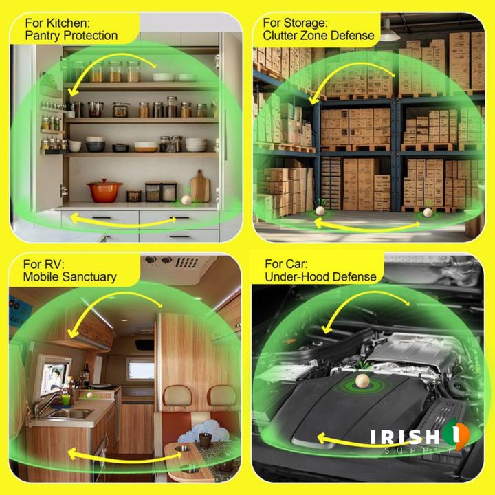 Another view showing four repellent balls placed in a kitchen pantry, a storage area, an RV interior and under a car hood.