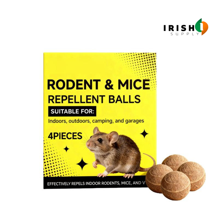 Yellow retail box with a mouse picture beside four round, brown, textured repellent balls on a white background.