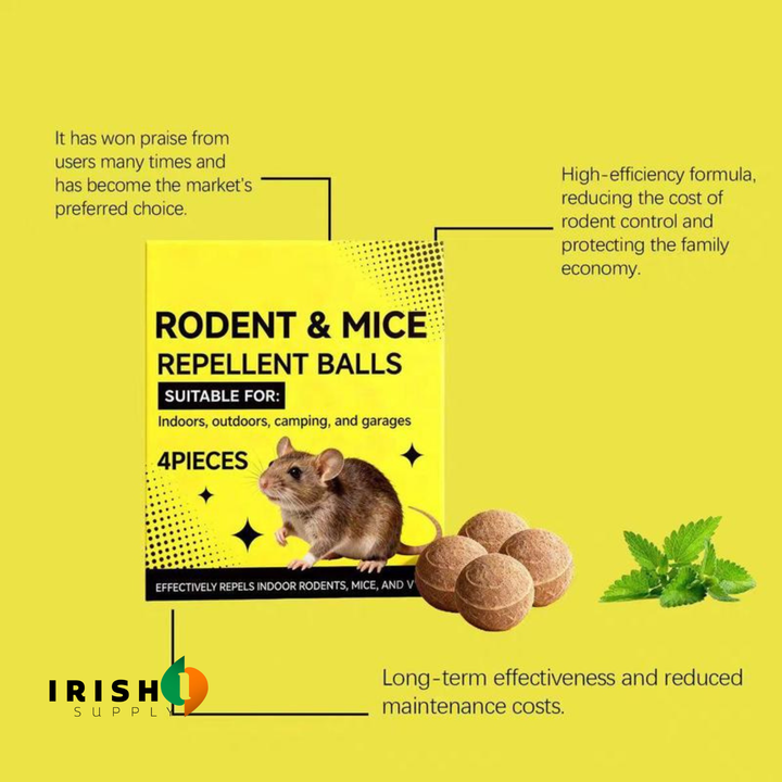 Yellow box with a mouse picture, four brown repellent balls and a fresh mint sprig, surrounded by short benefit captions.