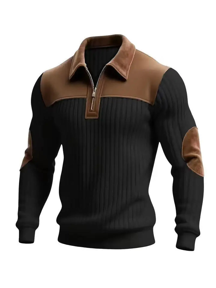 Black ribbed knit zip pullover with brown suede-look collar, shoulder yoke and elbow patches 2