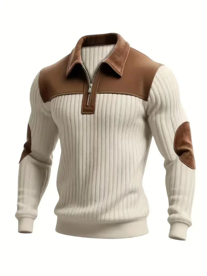 Cream ribbed knit zip pullover with brown collar, shoulder yoke and elbow patches on a plain background 6