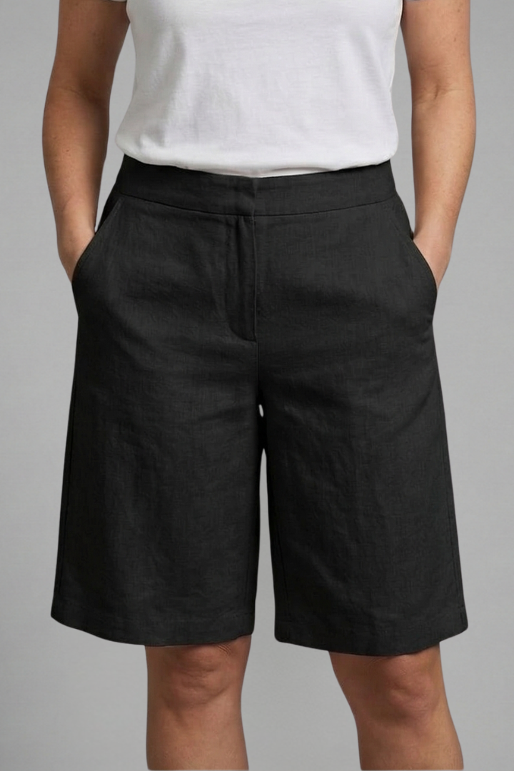 Black tailored shorts with a wide waistband, another view.