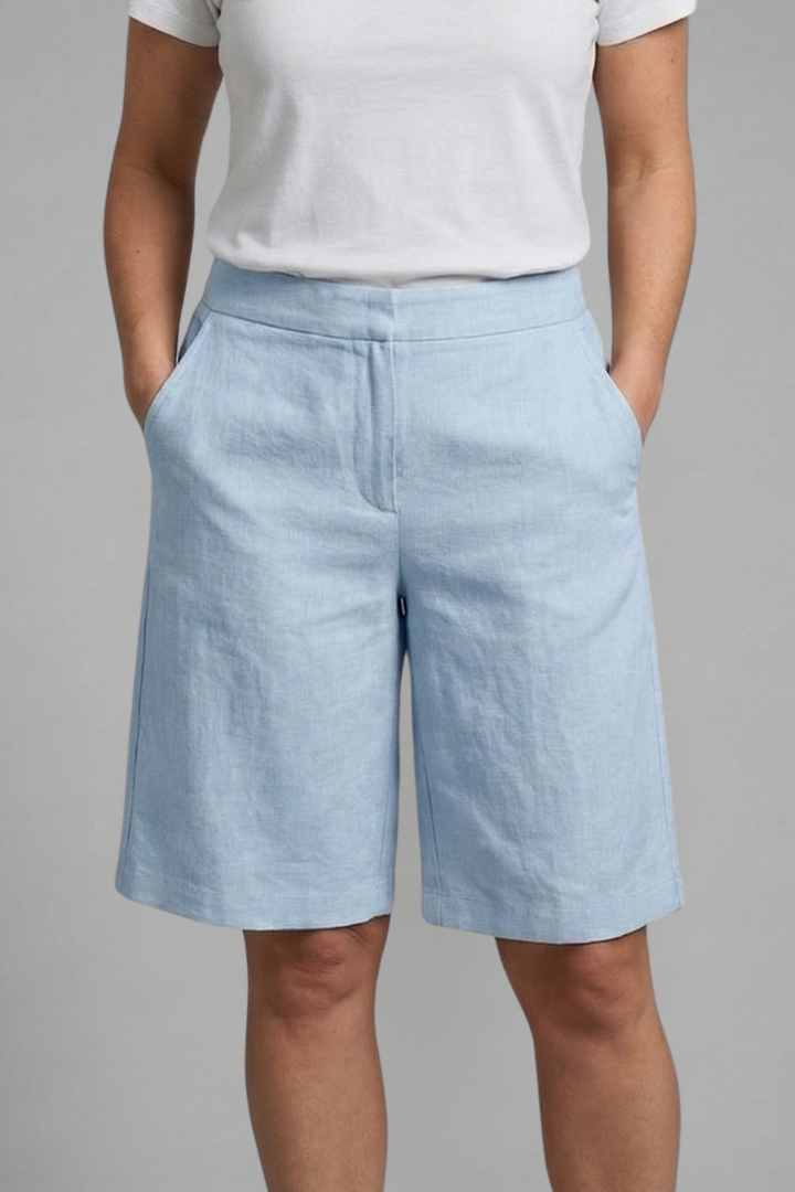Light blue high-waisted shorts, another view.