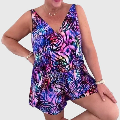 Patterned V-Neck Sleeveless Swim Dress - Evelyn