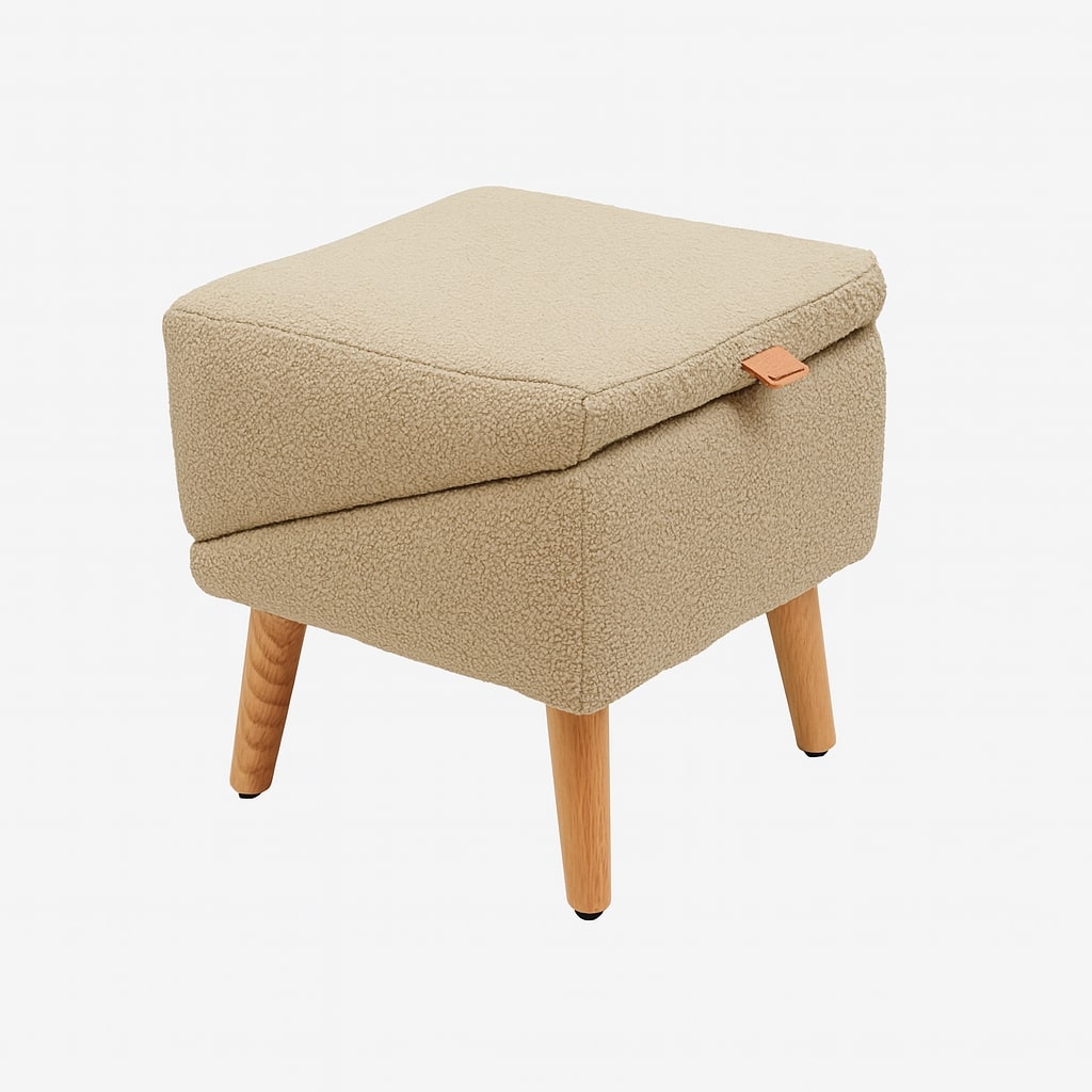 Grey folded pet step in foam and wood, shown as another view of a compact stool with a pull tab.