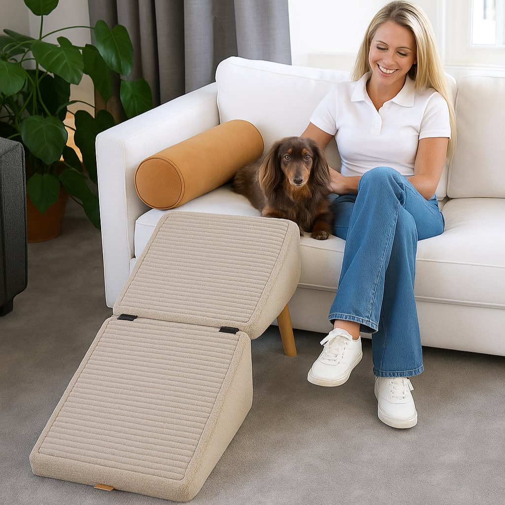 Grey pet step set against a white sofa with a dachshund and a woman nearby.