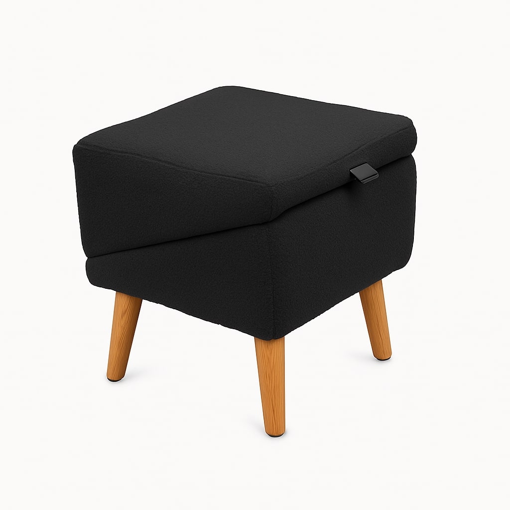 Grey folded pet step in foam and wood, shown as a compact stool with a pull tab.
