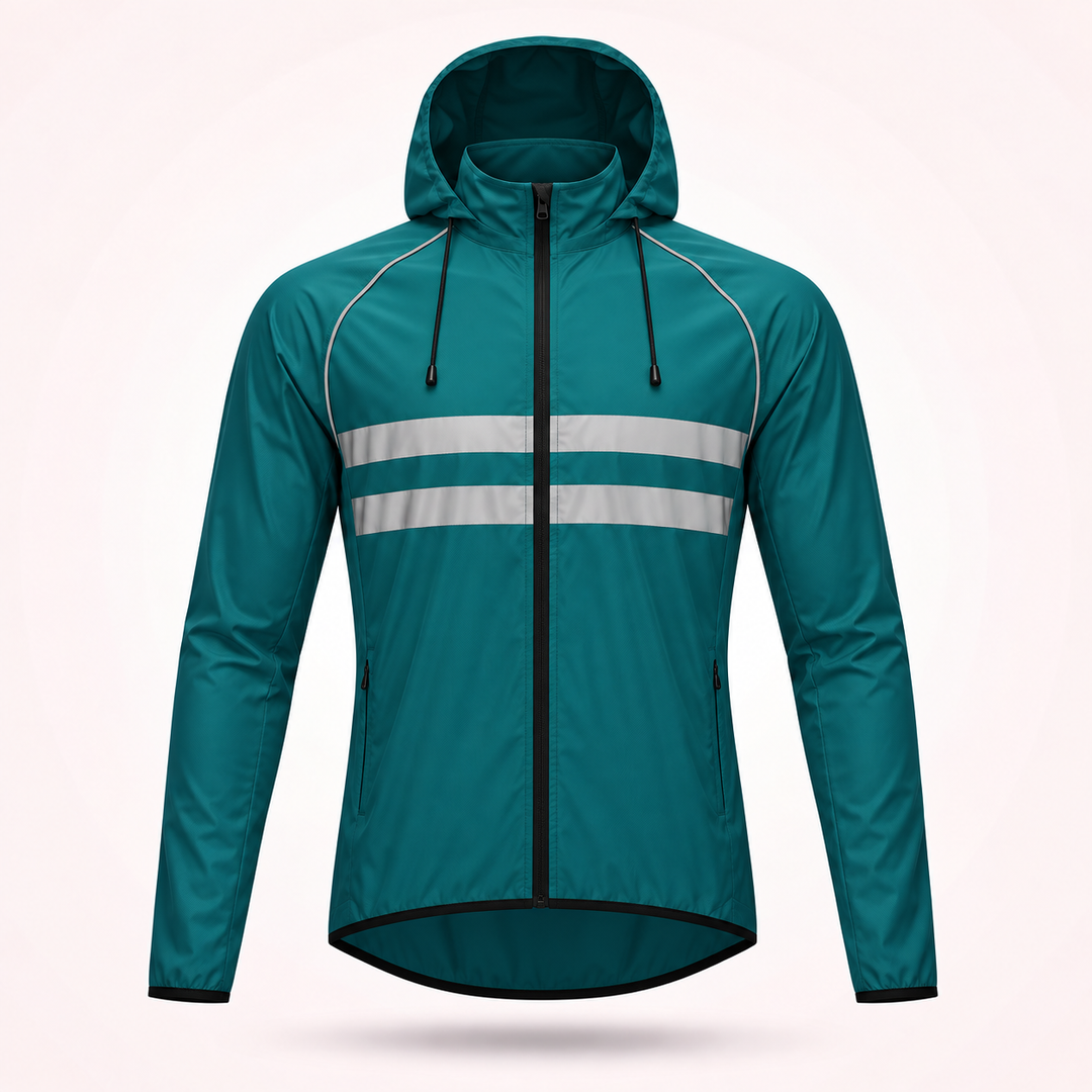 Front view of the teal hooded version with drawstring hood, zippered hand pockets and two reflective chest stripes.