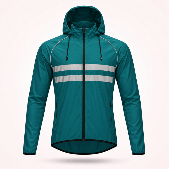 Front view of the teal hooded version with drawstring hood, zippered hand pockets and two reflective chest stripes.