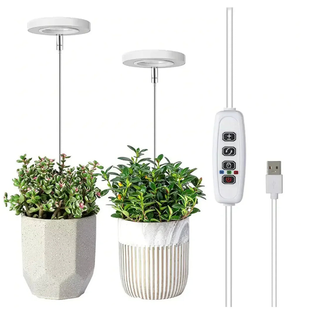 White ring grow lights on thin telescoping stems above two potted plants, beside the white inline control box and USB plug. 5