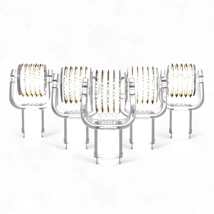 Five clear roller heads arranged in a V-shaped group, with the center head facing forward and the others angled behind it. 4