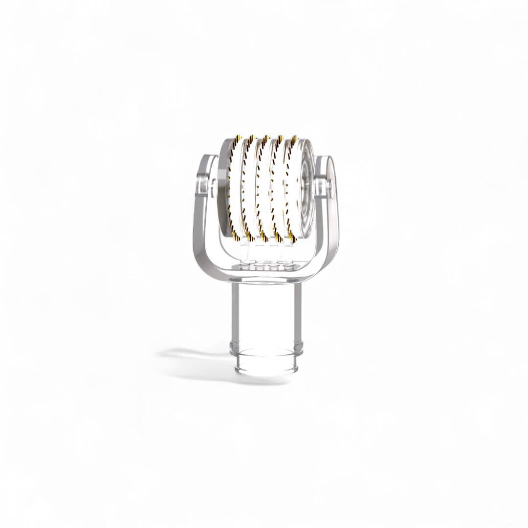 Single clear micro-needle roller head with a transparent U-shaped frame and rows of fine gold-tipped needles, shown on a white background. 1